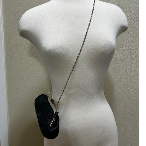 Cache Convertible Black Satin Clutch Bag S Silver Chain Evening Shoulder Purse - Picture 3 of 12